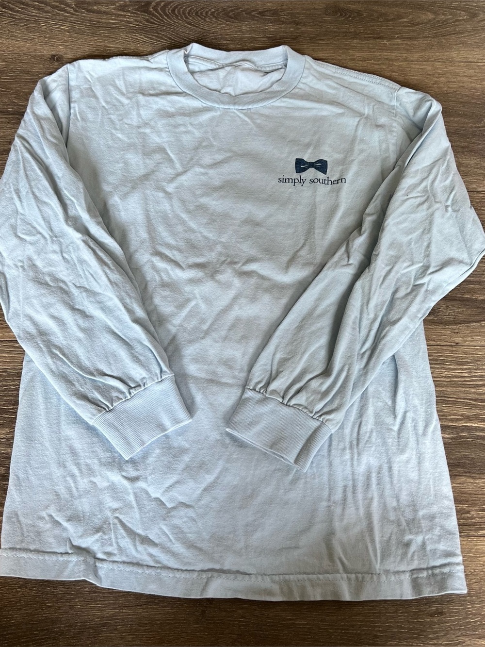 Simply Southern Pale Blue Long Sleeve Shirt with Navy Bow Logo OBX